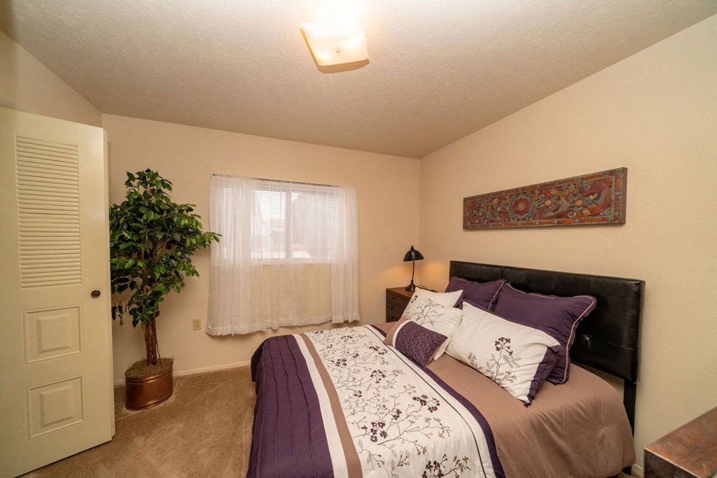 a bedroom with a window and a walk-in closet at Indian Lakes Apartments, Indiana