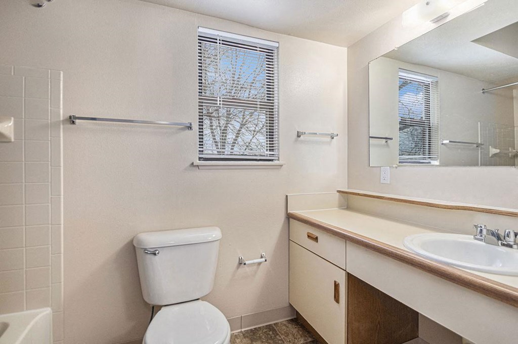 a bathroom with a window and a sink and a mirror at Indian Lakes Apartments, Mishawaka