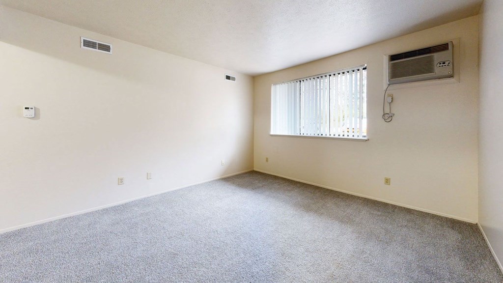 One bedroom classic living room with plush carpet and a window at Irish Hills Apartments, South Bend, IN