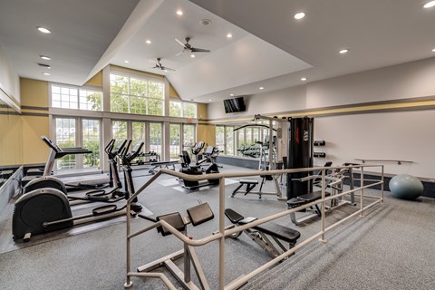 A spacious gym with a variety of equipment including treadmills, weights, and a squat rack at Westlake Apartments, Michigan