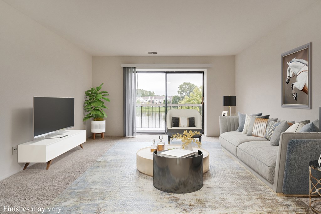 a living room with a gray couch and a white coffee table in front of a sliding glass at The Landings Apartments, Michigan, 48185