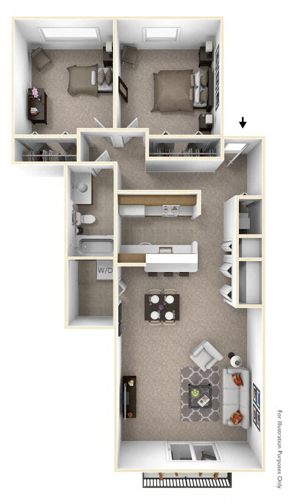 2-Bed/1-Bath, Lily Floor Plan at The Springs Apartment Homes, Novi, MI