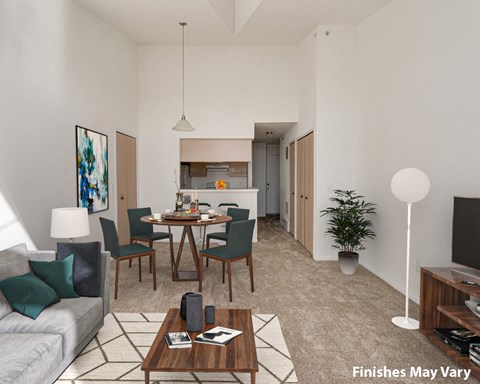 a living room and dining room with a couch and a table