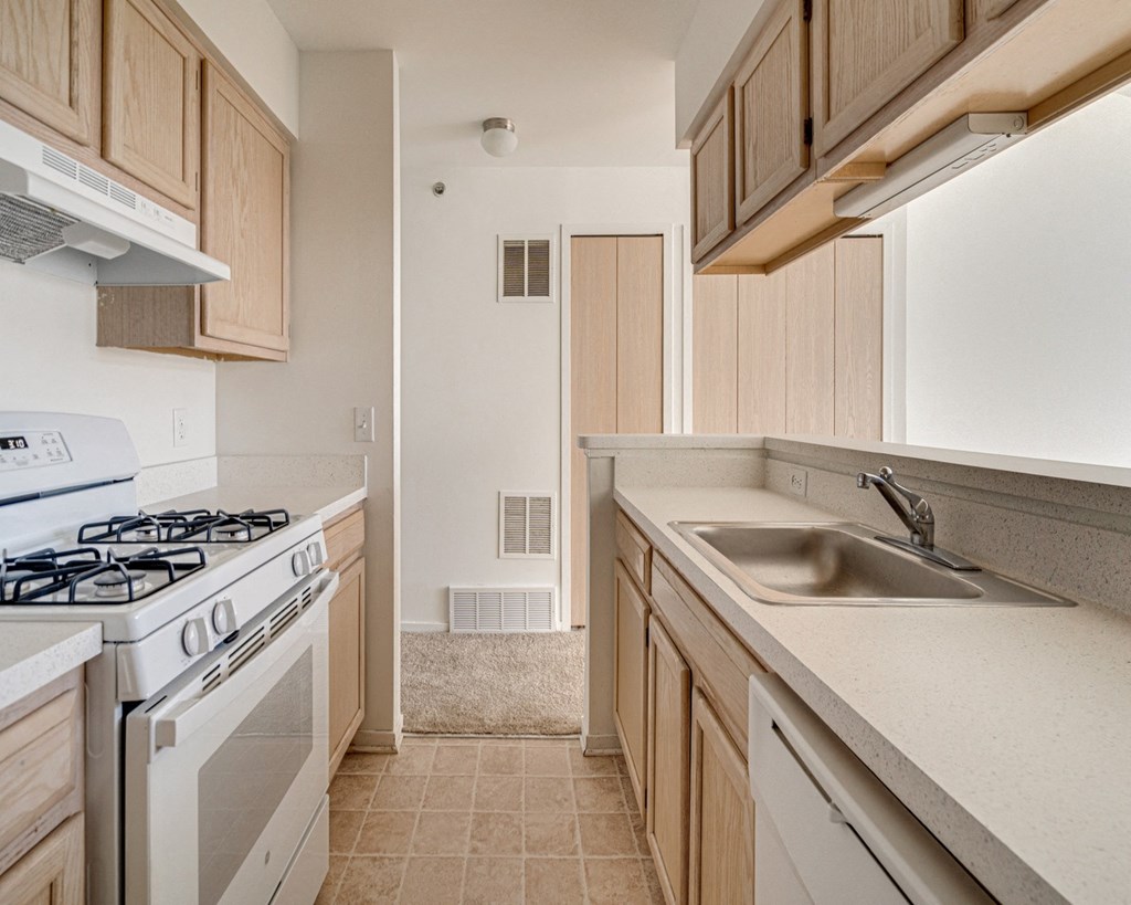 Lily Layout Model Kitchen with Gas Range at The Harbours Apartments, MI 48038