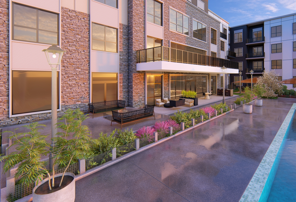 poolside clubhouse entrance with landscaping at Luxe 360 in Midlothian, Midlothian, VA