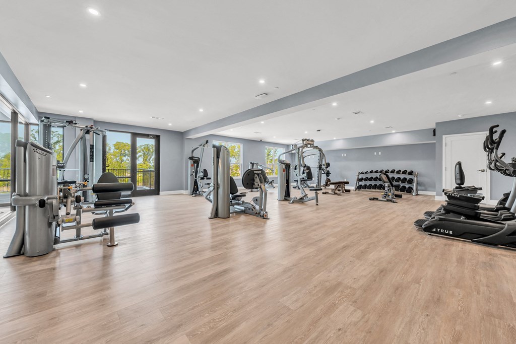 A spacious gym with a variety of equipment at Luxe 360 on Centerpointe Apartments, Virginia