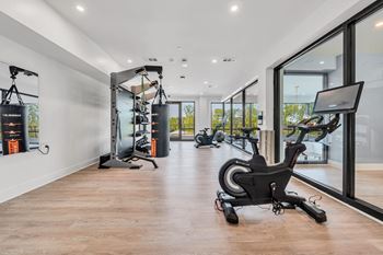 A gym with a row of exercise bikes and a row of pull up bars at Luxe 360 on Centerpointe Apartments, Midlothian, 23114