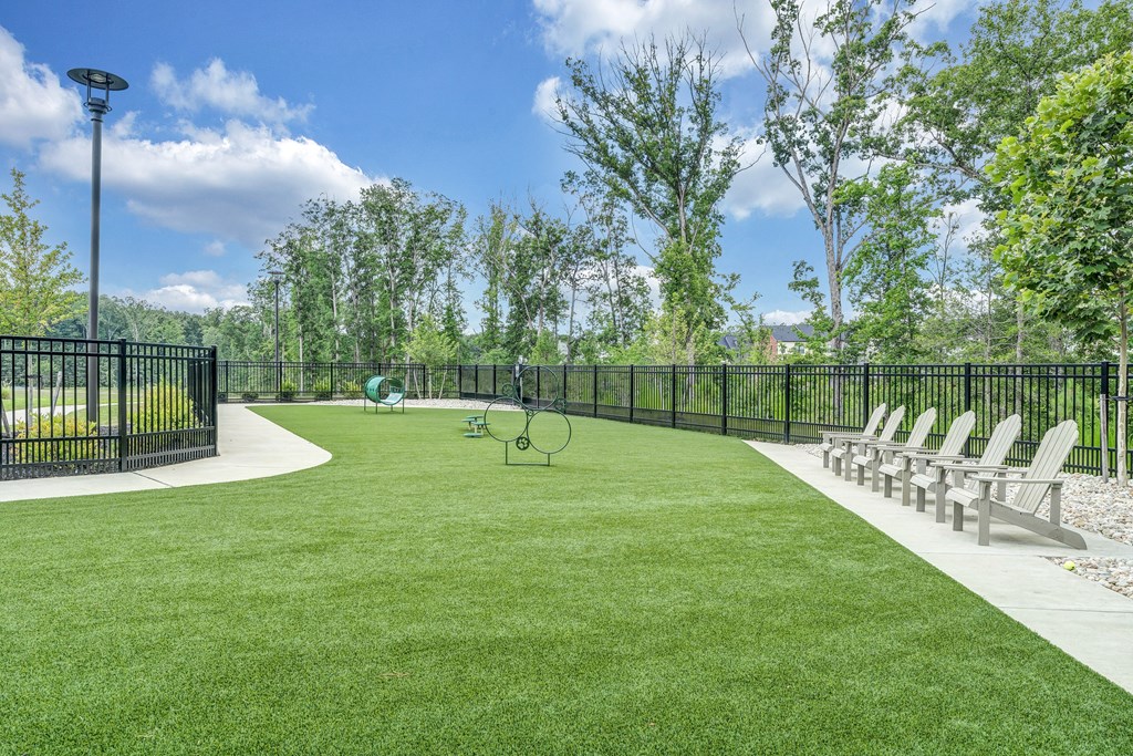 A park with a green lawn and a black fence.