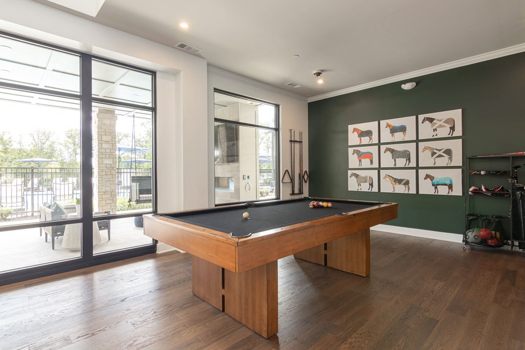 A pool table in a room with a green wall and pictures of animals at Luxe 360 on Centerpointe Apartments, Midlothian, 23114