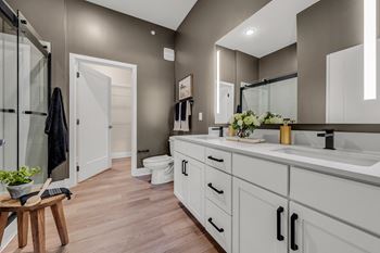 A bathroom with a toilet, sink, and mirror at Luxe 360 on Centerpointe Apartments, Midlothian, VA