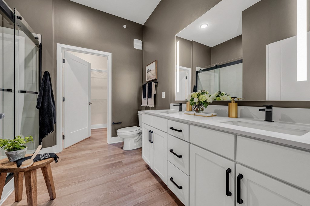 A bathroom with a toilet, sink, and mirror at Luxe 360 on Centerpointe Apartments, Virginia
