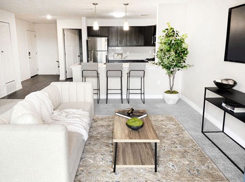 a living room with a couch and a table