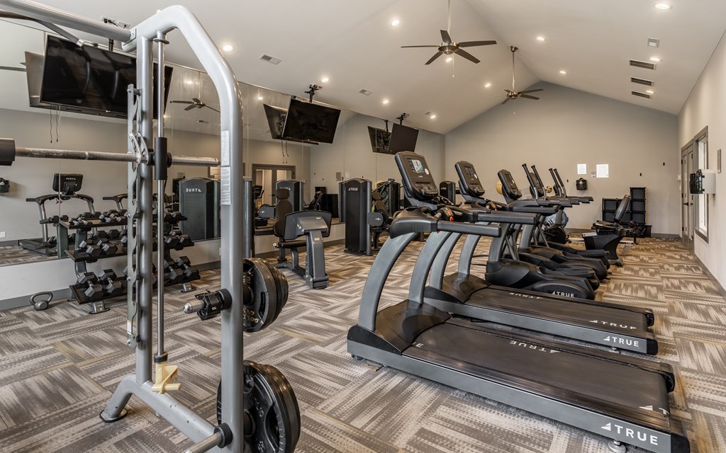 A gym with a variety of equipment including treadmills and weight machines at Mallard Bay Apartments, Crown Point, Indiana