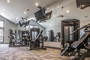 A gym with a variety of equipment including a treadmill, weights, and a television at Mallard Bay Apartments, Crown Point, 46307