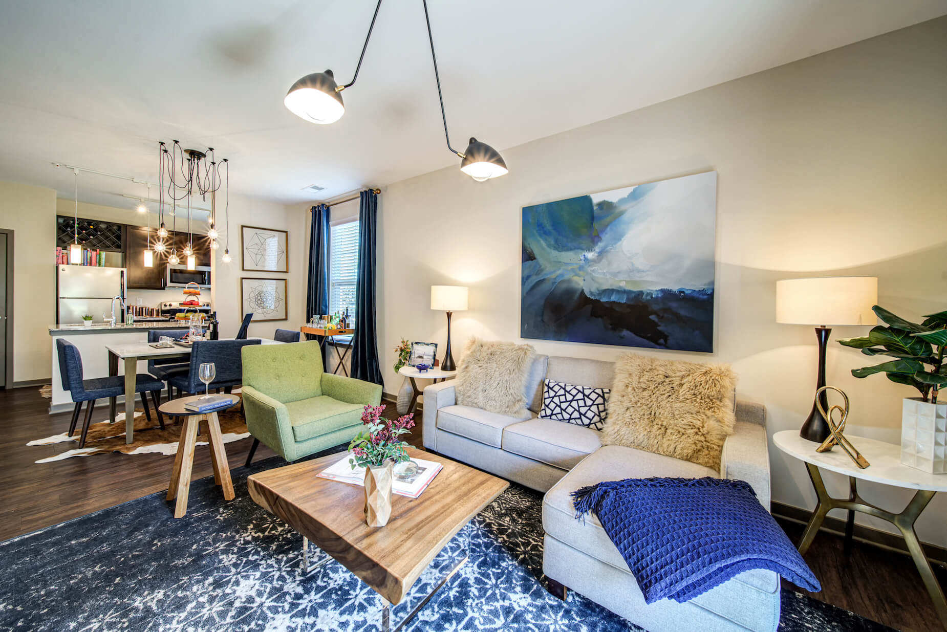 a living room with a couch and a table