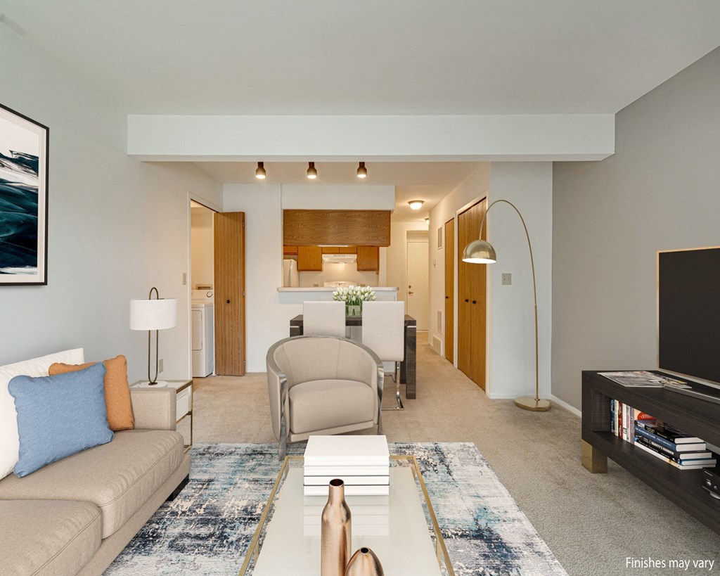 Muscari Model Living Room at Portsmouth Apartments, Novi