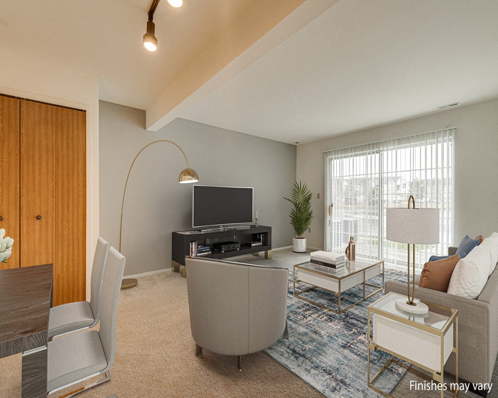 Muscari Model Living Room at Portsmouth Apartments, Novi, MI