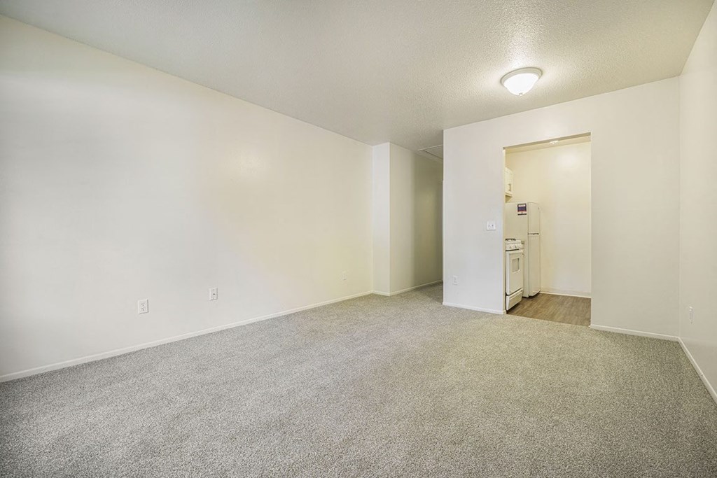 a spacious living room with carpeting and a kitchen in the distance at Newport Village Apartments, Portage, MI