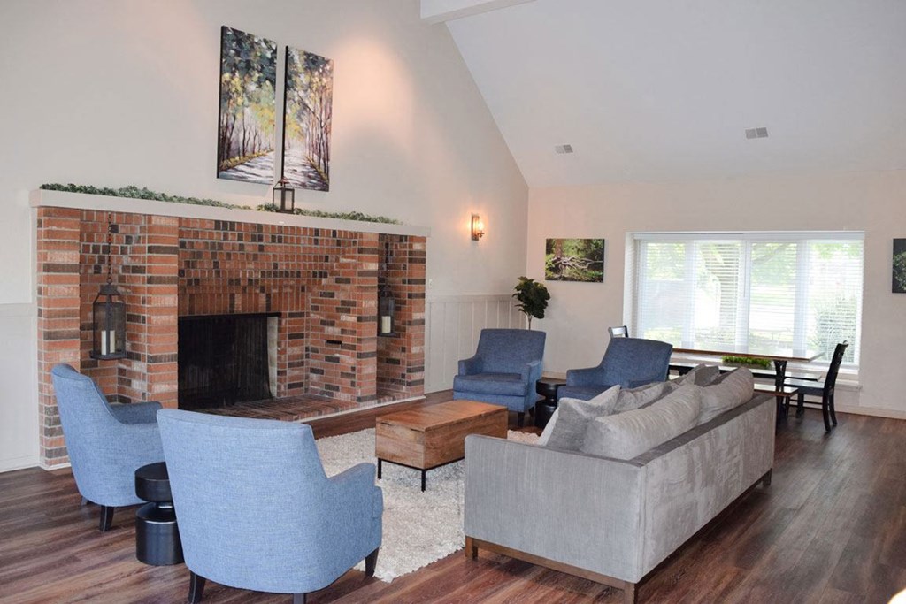 Clubhouse with High Ceiling and Fireplace at Newport Village Apartments, Portage, MI