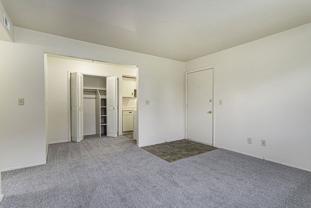 spacious living room with plush carpeting and a closet at Normandy Village Apartments, Michigan City, IN, 46360