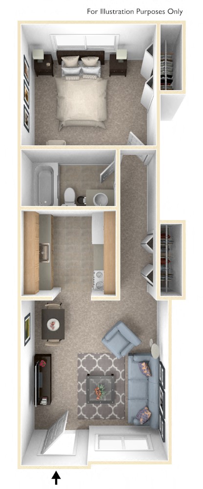 One Bedroom One Bath Floor Plan at Newport Village Apartments, Portage, MI, 49002