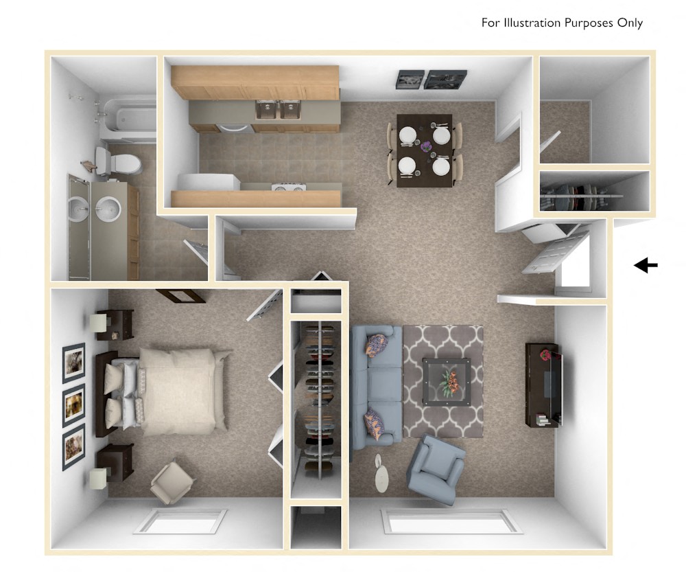 One Bedroom Seville Floor Plan at Trappers Cove Apartments, Lansing, Michigan