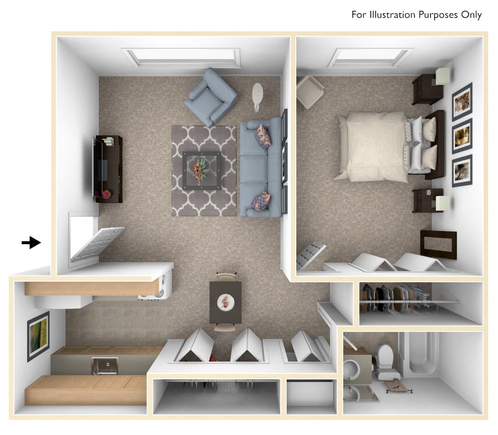 One Bedroom One Bath Floorplan at Granada Apartments, Jackson, Michigan