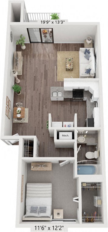 One Bedroom End Renovated 3D Floor Plan at The Crossings Apartments in Grand Rapids, MI