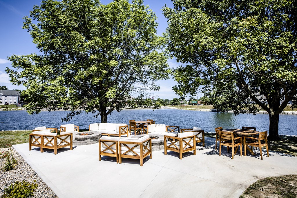 Outdoor Fire Pit Lake View_Drone at Sundance Apartments, Indianapolis