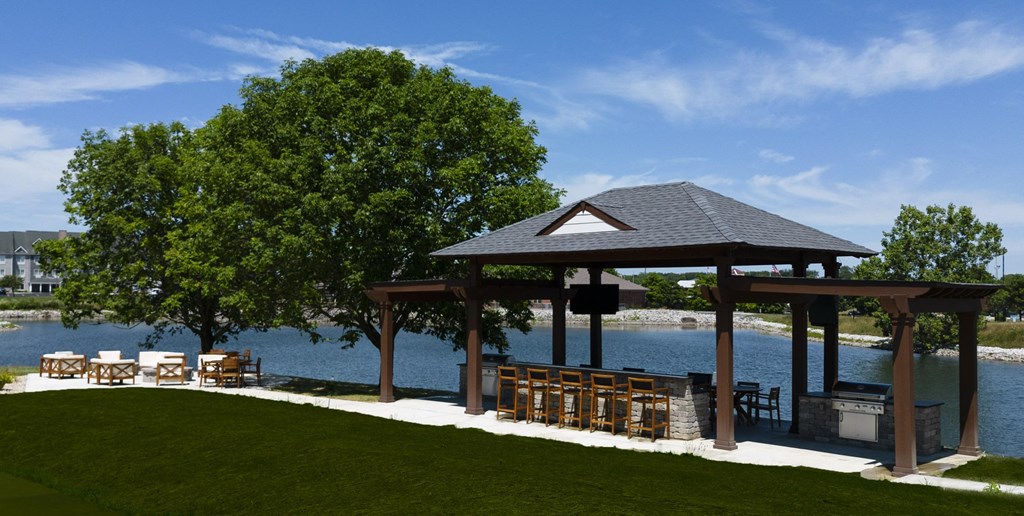 Outdoor Social Space, Fire Pit, TV Lounge_Drone at Sundance Apartments, Indianapolis, Indiana