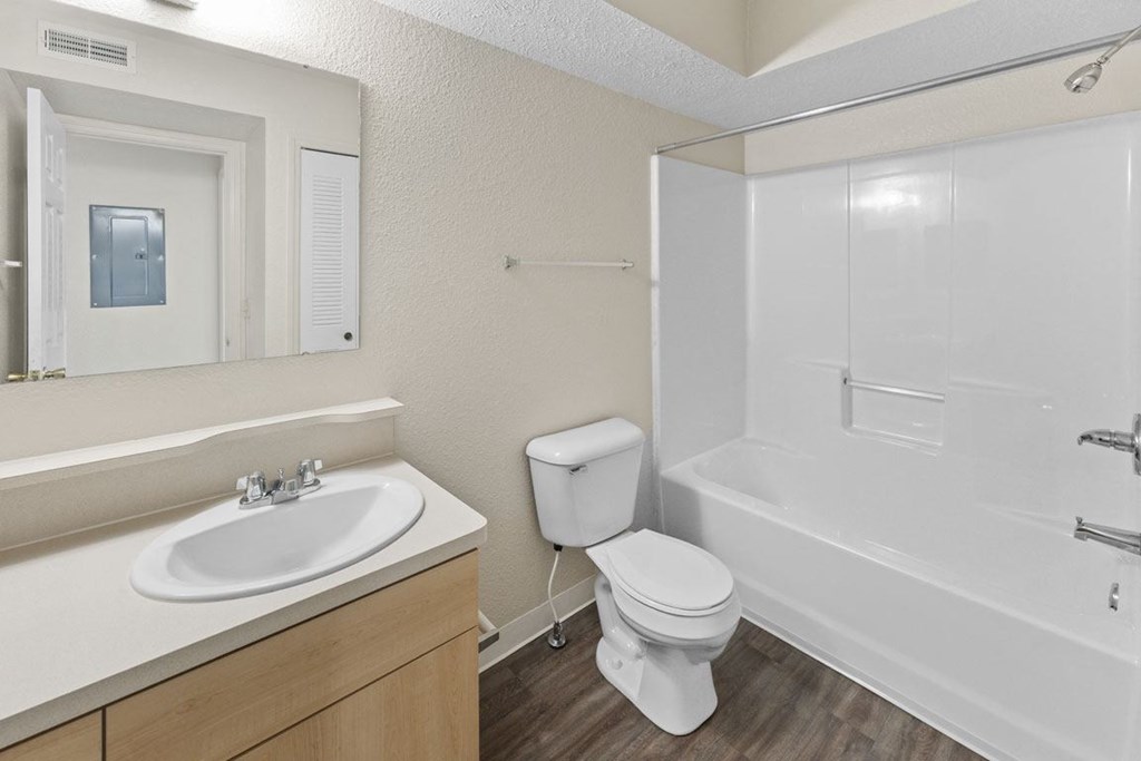main bathroom with a sink toilet and shower at Hunters Pond Apartment Homes, Champaign, Illinois