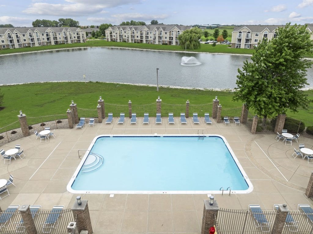 an aerial view of a Sparkling Pool with Sundeck at Hunters Pond Apartment Homes, Champaign, 61820