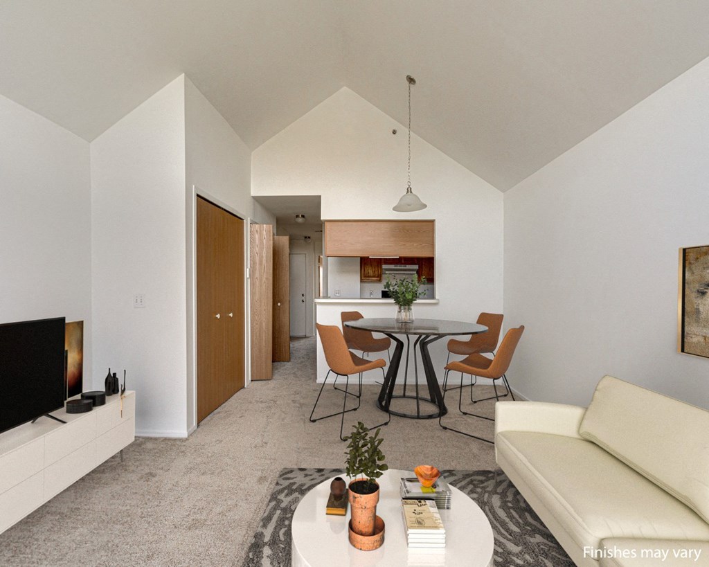 Peony Layout Living Room with Dining Room View at The Harbours Apartments, near Macomb