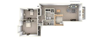 A cutaway diagram of a house showing the interior layout of the kitchen, living room, and bedrooms.