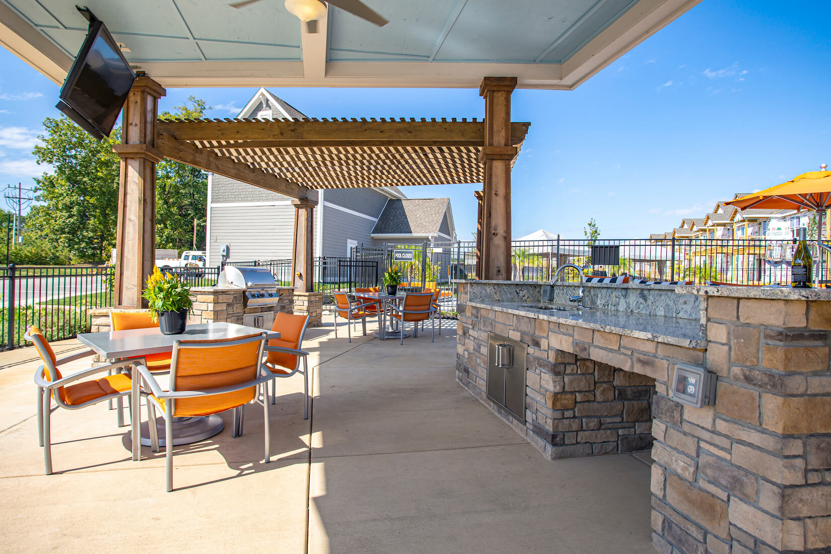 Poolside Amenities and Community View at River Crossing Apartments, St. Charles, Missouri
