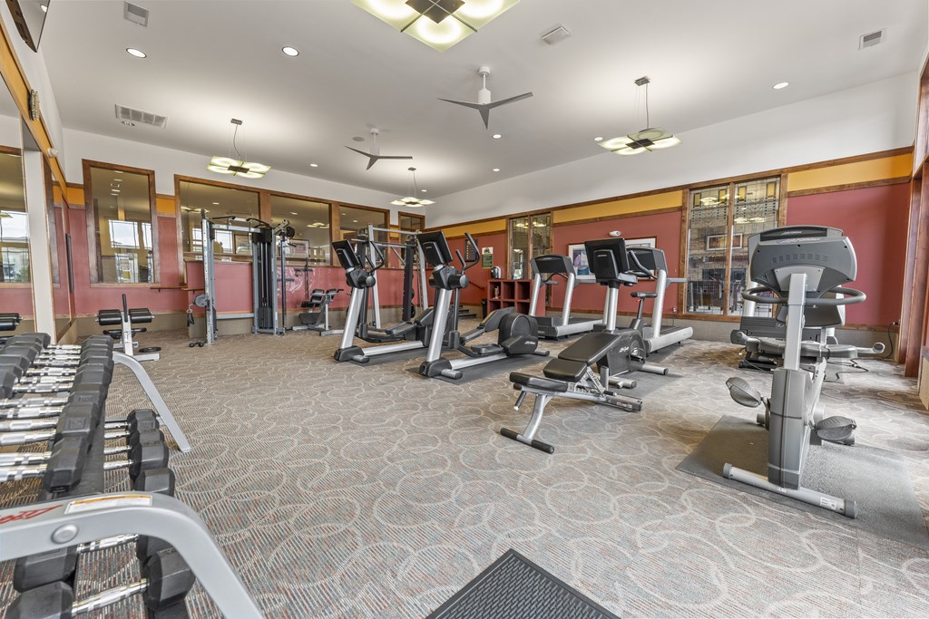 A gym with a variety of equipment including treadmills, weights, and exercise machines.