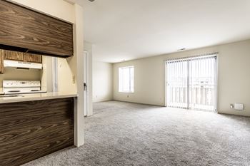 A spacious room with a carpeted floor and a window with blinds.