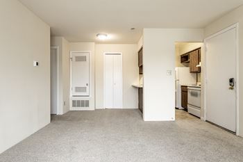 A white room with a carpeted floor and a kitchen area in the background.