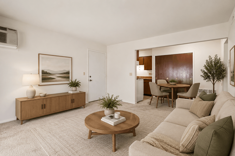 A living room with a brown coffee table and a grey couch.