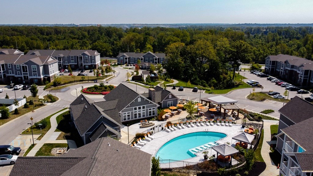Aerial View Of Pool at River Crossing Apartments, St. Charles, MO, 63303