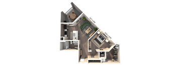 A 3D floor plan of the S1 studio floor plan at Avant Apartments