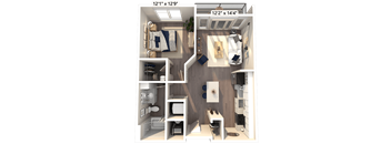 A 3D floor plan of a studio apartment with a kitchen, living room, and bathroom