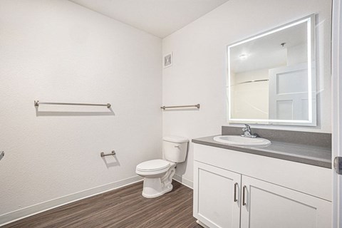 a bathroom with a sink toilet and a mirror  at Signature Pointe Apartment Homes, Athens, 35611