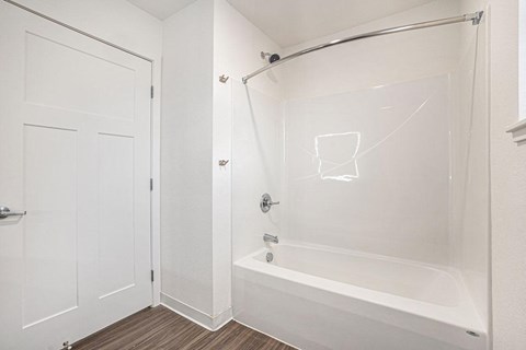 a white bathroom with a shower and a tub  at Signature Pointe Apartment Homes, Athens, Alabama