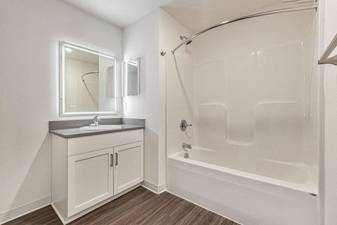 a bathroom with a shower and a sink and a mirror  at Signature Pointe Apartment Homes, Athens, Alabama
