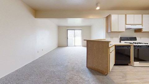 spacious living room and kitchen with a dishwasher