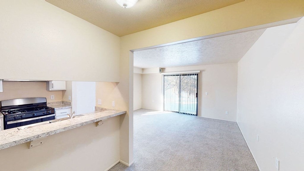 an empty living room and kitchen with a door to the patio