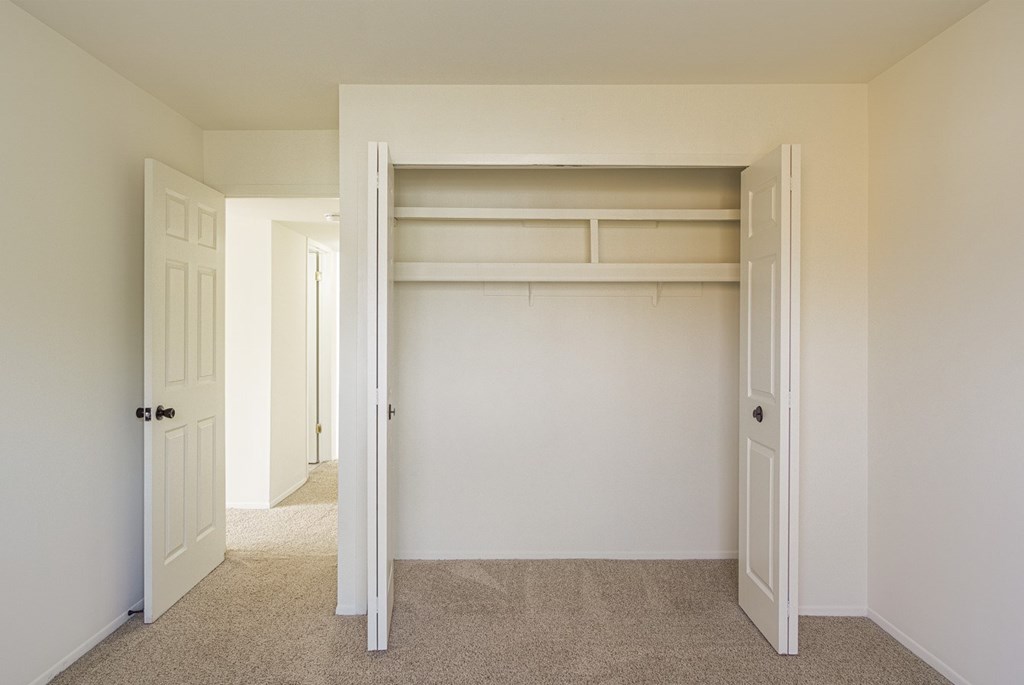 A white room with a bunk bed and carpeted floor.