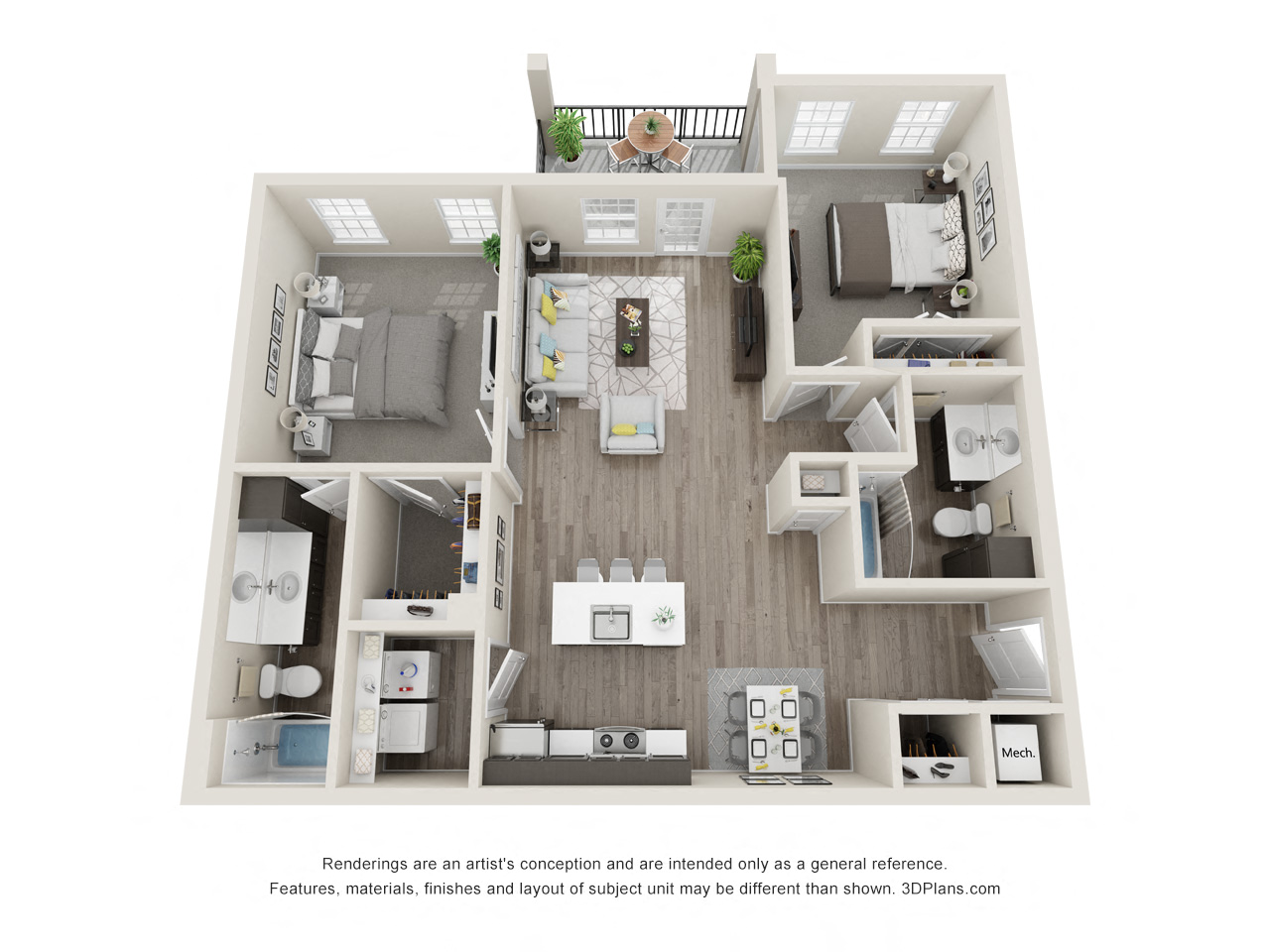 2 Bedroom, 2 Bathroom Floor Plan at Village Place Apartments, Romeoville, IL, 60446