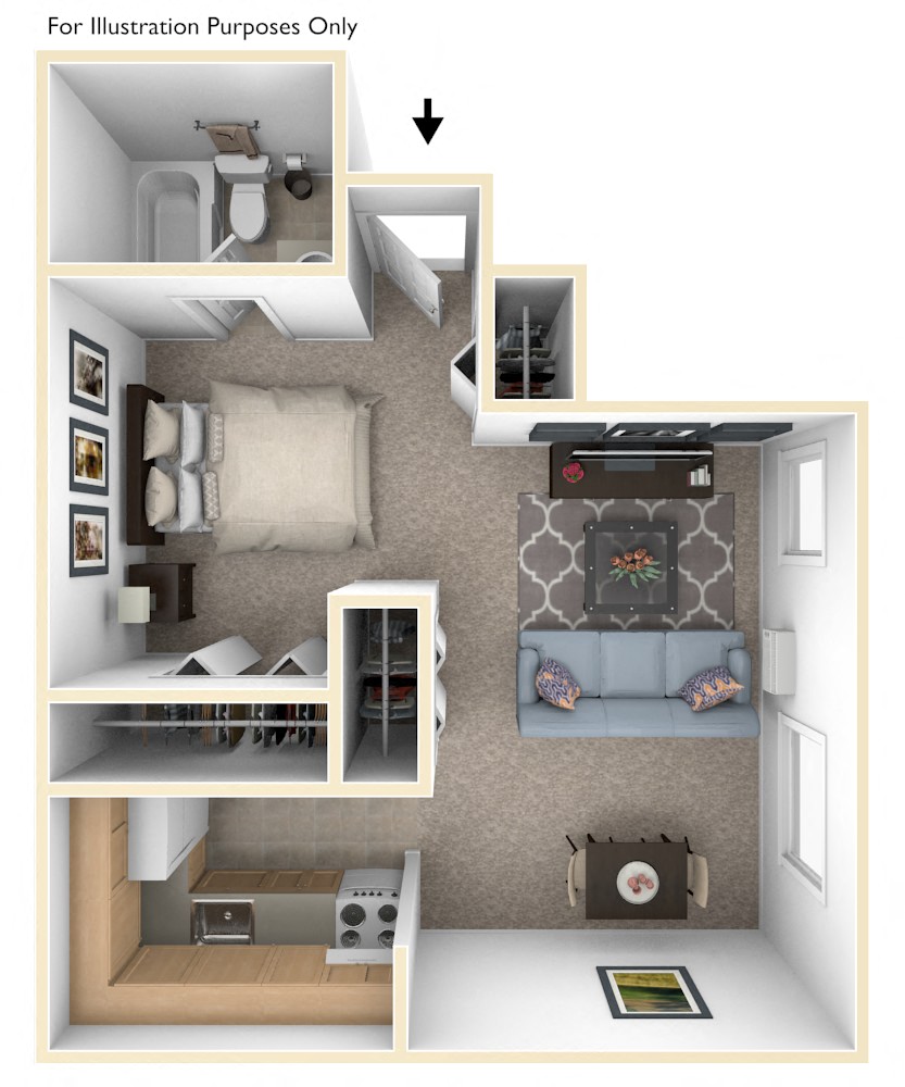 Studio Floorplan at Hickory Village Apartments, Mishawaka
